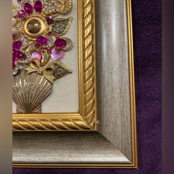 FRAMED JEWELRY ART COLLAGE HANDMADE UNIQUE OOAK GIFT π IDEA. BRIGHT GOLD FRAME - Picture 9 of 13